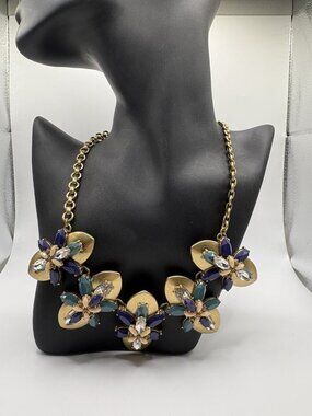 J. Crew 2010’s Gold Tone Blue Spiked Rhinestone Statement Necklace Jenna Lyons